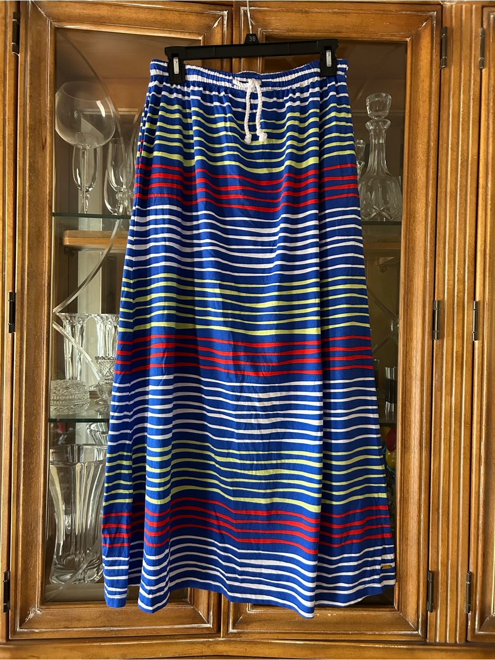 Tommy Hilfiger Blue Striped Drawstring Maxi Skirt with Red & Green Accents.
